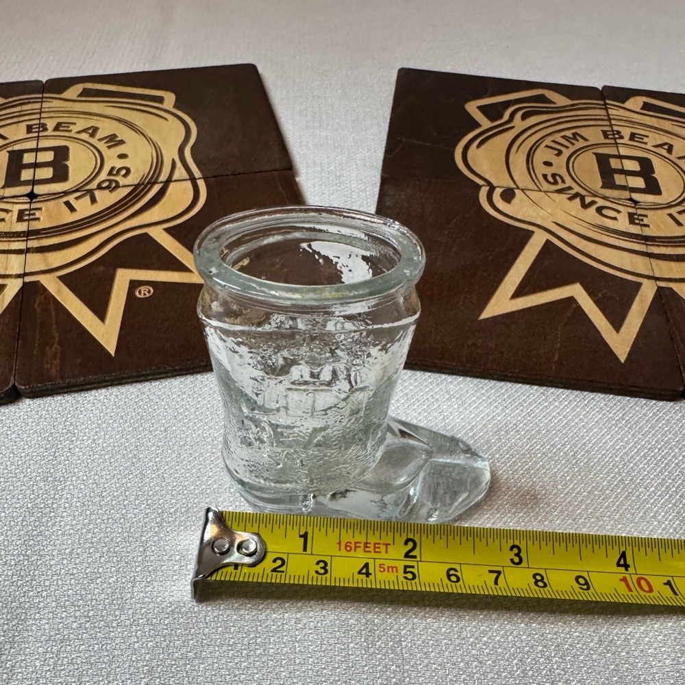 Collectible Advertising Jim Beam Black Set of 8 Wood Square Coasters, Shot Glass